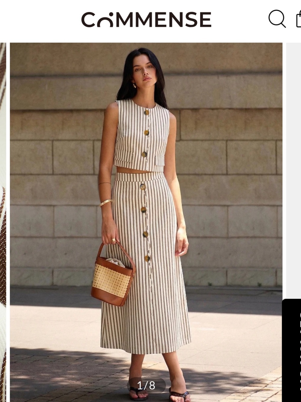 NWT! Commense Cream and Brown Vertical-Stripe Maxi Skirt with Front Buttons